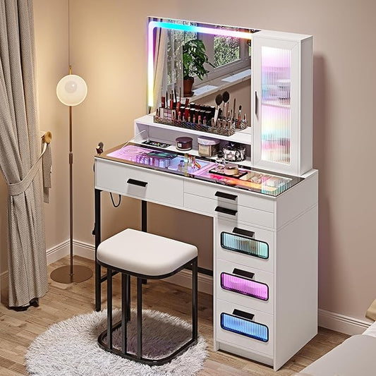 HENBC Vanity with Mirror and LED Lights, Glass Top Vanity Desk with Charging Station(Wireless+USB+Type-C), RGB Makeup Table Set with Stool/Makeup Organizer/6 Drawers for Bedroom,White