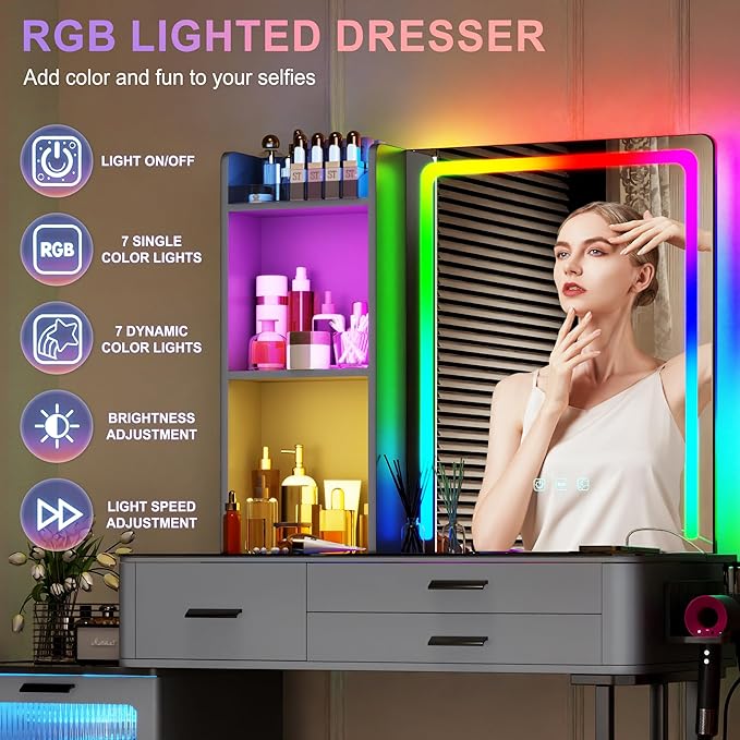 HNEBC Vanitys with HD Glass Display Table, Makeup Desk with Lighted Mirror and Charging Station, Dressing Table with RGB Lights,Jewelry Organizer,Cabinet,6Drawers,Chair for Women/Girls (Grey)