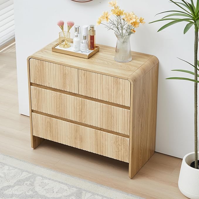 Fluted 3 Drawer Dresser for Bedroom,Mid Century Modern Wide Chest of Drawer,Curved Edge Wood Closet Dresser Nightstand for Bedroom Living Room Hallways (Natural, Wide 3 Drawer)