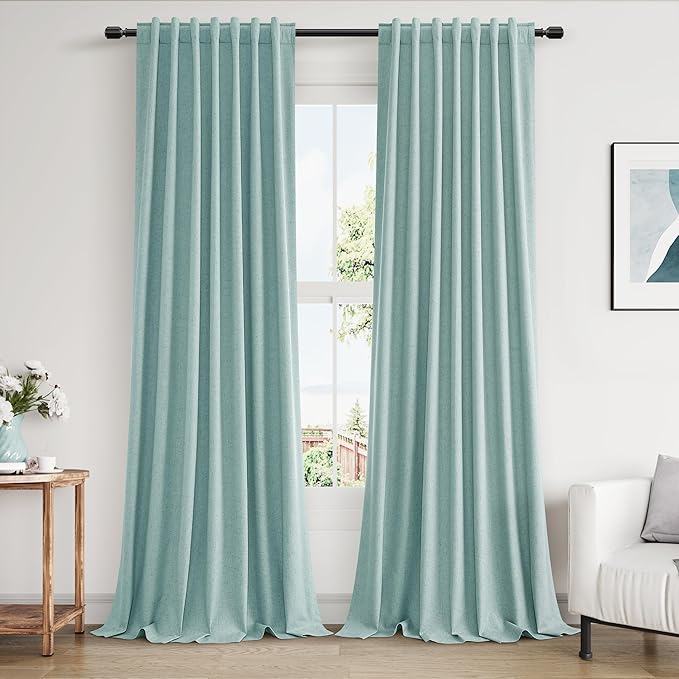 Guken 100% Blackout Linen Curtains 108 Inch Length 2 Panels Set for Living Room Bedroom Back Tab Thermal Insulated Black Out Linen Drapes Room Darkening Window Curtains,Light Blue