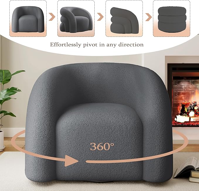 Swivel Accent Chair Set of 2,Upholstered Sherp Barrel Armchair 363° Round Modern Boucle Chair No Assembly for Living Room,Comfy Single Sofa Chairs for Bedroom(Grey)