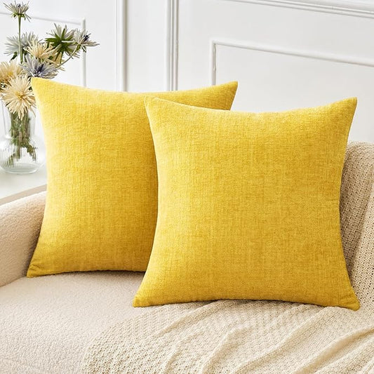MIULEE Pack of 2 Couch Throw Pillow Covers 18x18 Inch Soft Yellow Chenille Pillow Covers for Sofa Living Room Solid Dyed Pillow Cases
