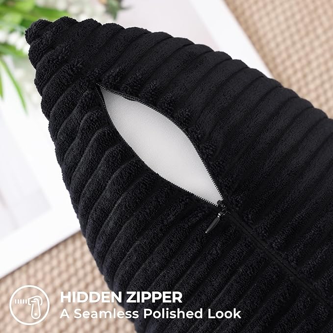 Mecatny Corduroy Decorative Throw Pillow Covers 18x18 Set of 2 for Sofa Living Room, Soft Neutral Boho Couch Pillow Covers for Home Decor, Black