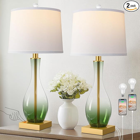3-Way Dimmable Modern Glass table lamp for Living Room, Green Table Lamps Set of 2 with Touch Control, USB C and A Charging Ports, 27" Bedside Desk Lamps for Nightstand Decorations(LED Bulbs Included)