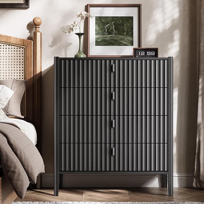 Black 4 Drawer Dresser, Modern Chest of Drawers for Bedroom, Wood Storage Dresser Organizer with Deep Drawers for Clothes, Nightstand for Bedroom, Hallway, Living Room, Entryway