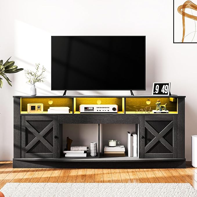 DWVO TV Stand for 75/80 Inch TV, Entertainment Center, LED Light Media Console, TV Cabinet with Barn Doors and Power Outlet for Living Room, Black
