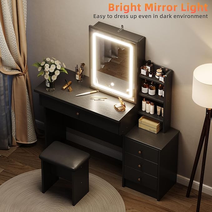 Vanity Desk with Mirror and Lights, Makeup Vanity with 3 Adjustable Lighting Modes, Small Vanity Desk with Sliding Mirror, 4 Drawers, 7 Shelves, Vanity Chair for Bedroom, Black