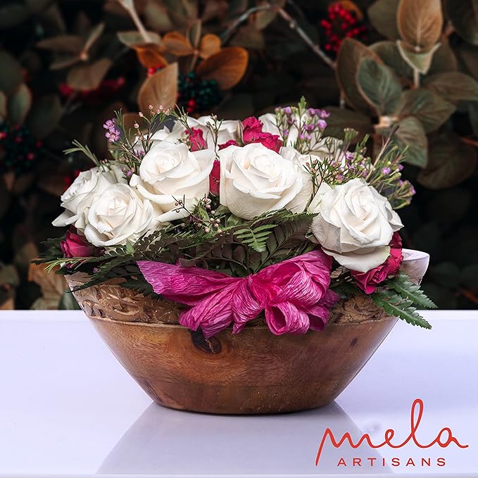 Mela Artisans Wooden Fruit Bowl | Medium Burnt Finish | 9” Mango Wood Serving Bowl with Felt Pads | Multipurpose for Kitchen Countertop |Salad | Snacks | Breads & More | Natural Grain Texture
