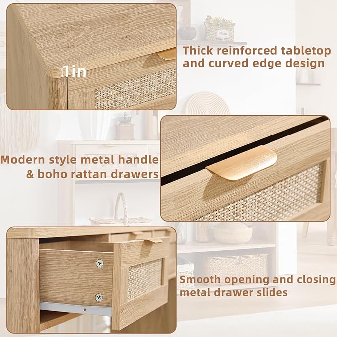 LEYAOYAO 48" Boho Rattan Console Table with 3 Drawers Set of 2,Wooden Entryway Table with Open Storage Shelf, 3 Tier Narrow Long Behind Couch Sofa Tables for Living Room, Hallway, Foyer, Natural Wood