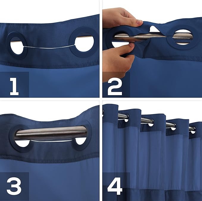 Long No Hook Slub Textured Shower Curtain with Snap-in PEVA Liner Set - 71" x 80"(78"), Hotel Style with See Through Top Window, Navy Blue Fabric Curtain & Waterproof Liner, Navy Blue, 71x80