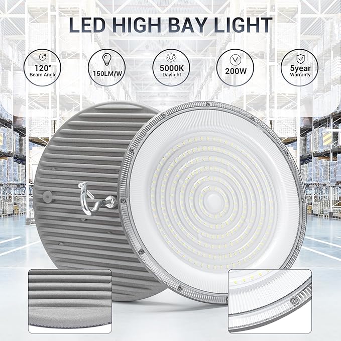 10 Pack 200W UFO Led High Bay Light,120VAC,5000K Daylight Commercial Bay Lighting,IP66 Waterproof,30500LM,850W MH/HPS with Plug Area Lighting for Warehouse/Shop/Workshop/Barn/Gym/Factory