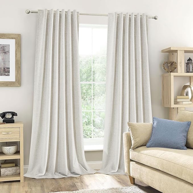 Linen Full Blackout Textured Curtains 90 Inch Length 2 Panels Set for Living Room, Back Tab Thermal Insulated 100% Black Out Beige Drapes Room Darkening Window Curtains 90 Inches Long