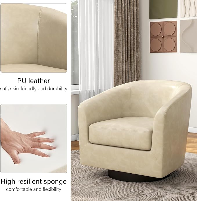 Swivel Barrel Accent Chair, Modern Round Faux Leather Arm Chair for Living Room, Bedroom, Comfy Club Reading Chairs for Adults(Faux Leather, Cream, Set of 2)