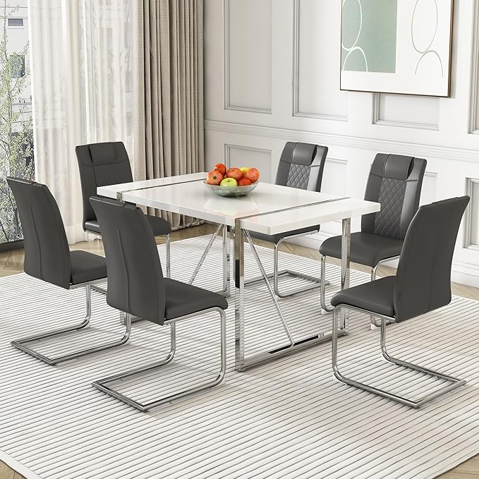 Dining Table Chairs Set for 6, Modern Rectangular Dining Room Table Set PU Leather Upholstered Dining Chairs 55" Dinner Table Set for Kitchen, Dining Room (Dining Table Set for 6, Grey)