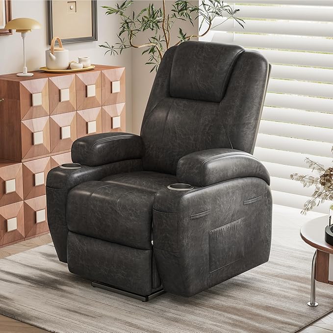 Electric Power Lift Recliner Chair with Massage for Elderly Corduroy Fabric Recliner Single Sofa with Cup Holders, Side Pockets and Remote Control for Living Room Bedroom (Leathaire, Dark Gray)