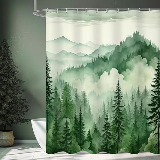 Green Misty Pine Forest Shower Curtain, Mountain Foggy Woodland Scenery Tree Shower Curtains for Chic Rustic Bathroom, Abstract Modern Waterproof Nature-Themed Decor, 72x72 Inches