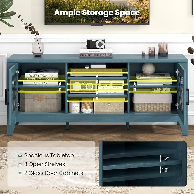Tangkula Farmhouse TV Stand for TVs Up to 65-in, Classic Media Entertainment Center w/Glass Door Cabinets & 4 Adjustable Shelves, Modern TV Console Table w/ 3 Cable Holes for Living Room (Teal Blue)