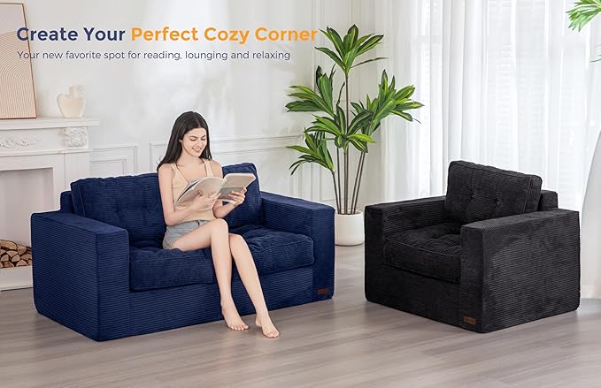 MAXYOYO Bean Bag Chair for Adults, Upholstered Floor Sofa with Armrests, Loveseat Boneless Couch with Tufted Cushion & Backrest, Sofa in A Box, Large Bean Bag Couch for Bedroom Living Room, Navy