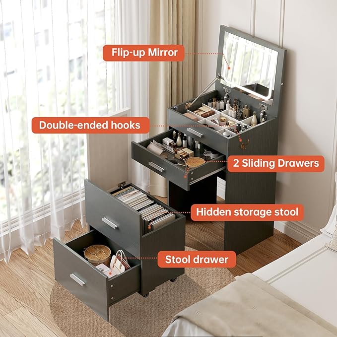 Compact Vanity with 3 Drawers, 3 in 1 Vanity Desk, Makeup Desk with Flip-up 3 Colors Lighting Mirror and Cushioned Stool, Small Vanities Nightstand Perfect for Bedroom, Gray