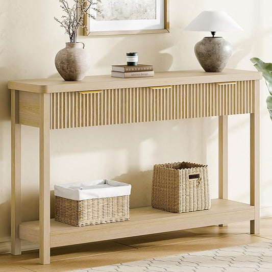 Lulive 51" Fluted Console Table for Entryway, Entryway Table with 3 Wooden Drawers, Farmhouse Behind Sofa Table for Living Room, Hallway, Couch, Foyer