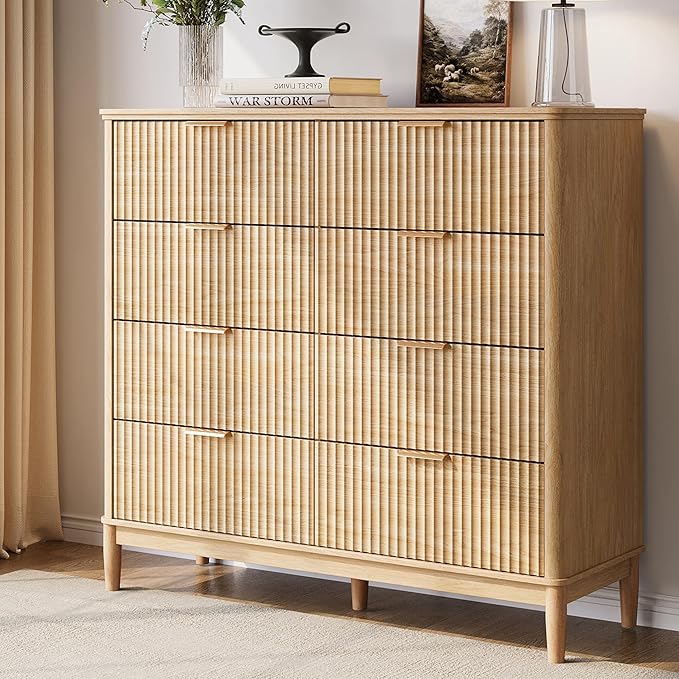 LINSY HOME Fluted Dresser for Bedroom with 8 Drawers, 47" Wide Chest of Drawers, Mid Century Modern Dresser TV Stand with Metal Handle, Wood Closet Storage Cabinet for Living Room, Hallway, Oak