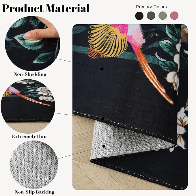 Runner Rug Chinoiserie-Style Floral Vintage Kitchen Rugs Non Slip Washable with Rubber Backing Soft Carpet for Laundry, Bedroom, Bathroom, Black