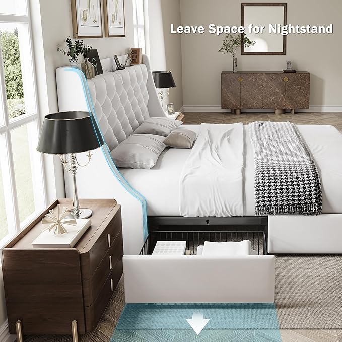 Queen Bed Frame with 4 Storage Drawers, Huge Upholstered Wingback Headboard, Fast Charging Station, No Box Spring Needed, Noise-Free, White