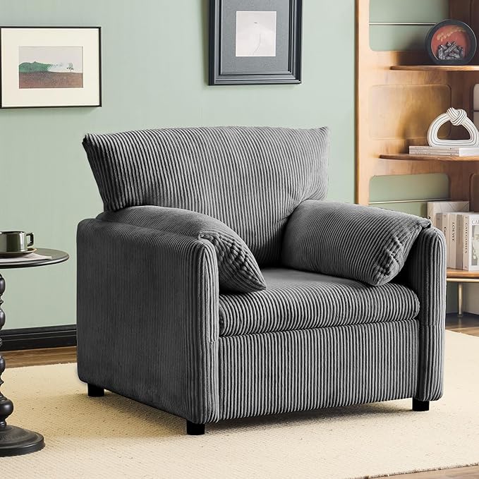Corduroy Single Sofa Chair Modern Upholstered Accent Chair for Reading Comfy Living Room Chair with Side Pocket Oversized Armchair for Bedroom Lounge(Charcoal)