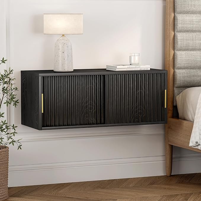 Fluted Floating TV Stand Set of 2, 30" Multi-Purpose Modern TV Display Shelf Console Entertainment Center Cabinet with Sliding Doors for Bedroom Living Room Entryway, Black