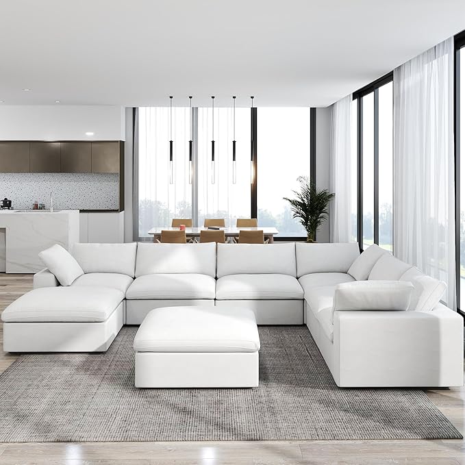 JACH 160" Cloud Sectional Couch, Overzised Down Filled Couch, 8 Seater Convertible Modular Cloud Sofa for Living Room, Minimalist Deep Seat Modern Couches,Sofa Cover Removable, White