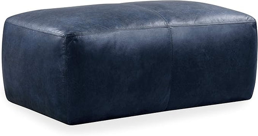 POLY & BARK Denver Rectangle Leather Ottoman in Full-Grain Semi-Aniline Italian Tanned Leather in Midnight Blue