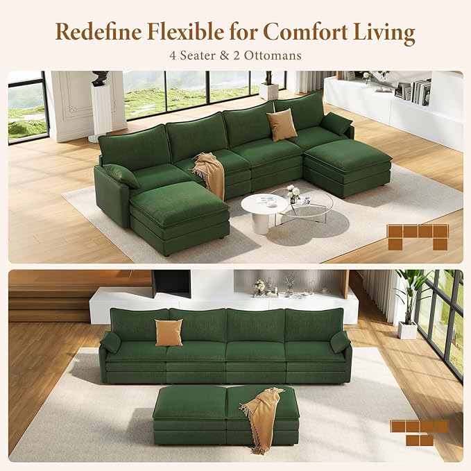 Vesgantti 142" U Shaped Sectional Couch, Comfy Cloud Modular Sectional Sofa with 2 Ottoman Deep Seat Chenille Modern Cloud Sofa, Modular Sofas for Living Room, Bedroom and Apartment, Green