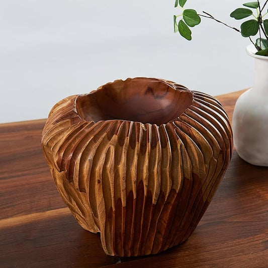 Teak Handcrafted Wooden Bowls Natural Wood Round Utility Bowl 9.7" W Handmade Rustic Serving Platter Fruit Snack Holder for Entry Table Vintage Artworks Dining Room Home Décor