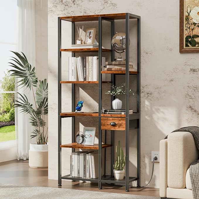 Furologee 6-Tier Bookshelf with Charging Station, Double Display Shelf with Drawer, Tall Freestanding Bookcase, Metal Open Book Shelf for Living Room, Bedroom, Home Office, Rustic Brown