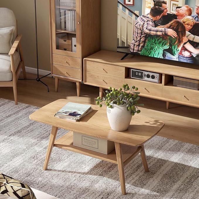 100% Solid Oak Wood Coffee Table for Living Room, 2-Tier Small Coffee Tables with Shelf Storage, Mid Century Modern Table with Rounded Corners (Natural, 39.37“ x 22.05” x 17.32“)