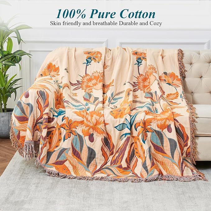 Boho Throw Blanket for Bed-100% Cotton Soft Breathable Farmhouse Decor Boho Quilt for Sofa (Flowers Tulips, 60"x80")
