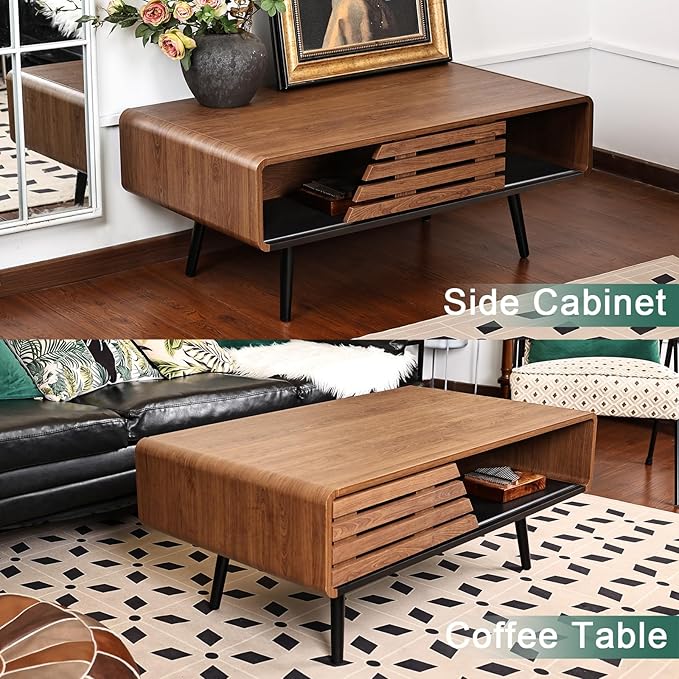 Wood Rectangle Coffee Table with Storage, Mid Century Modern Coffee Table, Living Room Center Table for Home, Apartment, Office, Walnut/Black