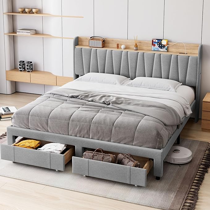 GarveeHome King Size Bed Frame with Storage Headboard, Upholstered Platform Beds with Drawers, Charging Station, Noise-Free, No Box Spring Needed, Easy Assembly, Light Grey