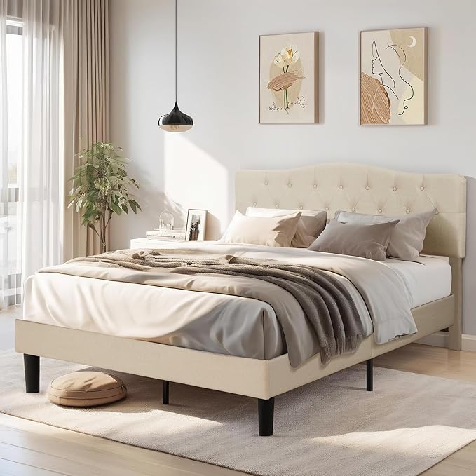 VECELO Full Size Platform Bed Frame with Fabric Upholstered Headboard and Wooden Slats Support, No Box Spring Needed/Easy Assembly,Beige