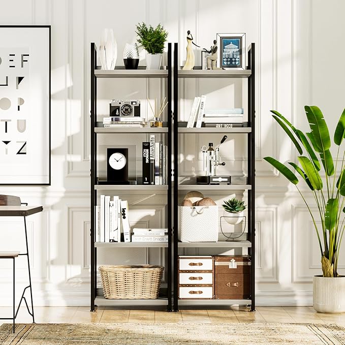 NUMENN Narrow Bookshelf, 5 Tier Bookshelves, Home Office Bookcase Shelf Storage Organizer, Free Standing Storage Shelving Unit for Bedroom, Living Room and Home Office, Grey