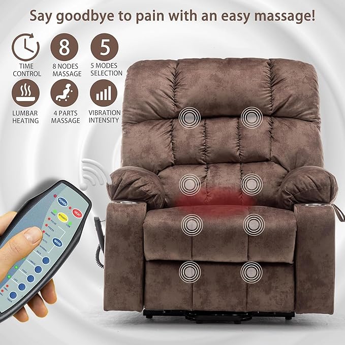 Power Lift Recliner Chair with Massage and Heating for Elderly, Oversized Lay Flat Recliner, Big and Tall 400lbs, Dual Motors, Cup Holders, Heavy Duty, Adults (Brown)