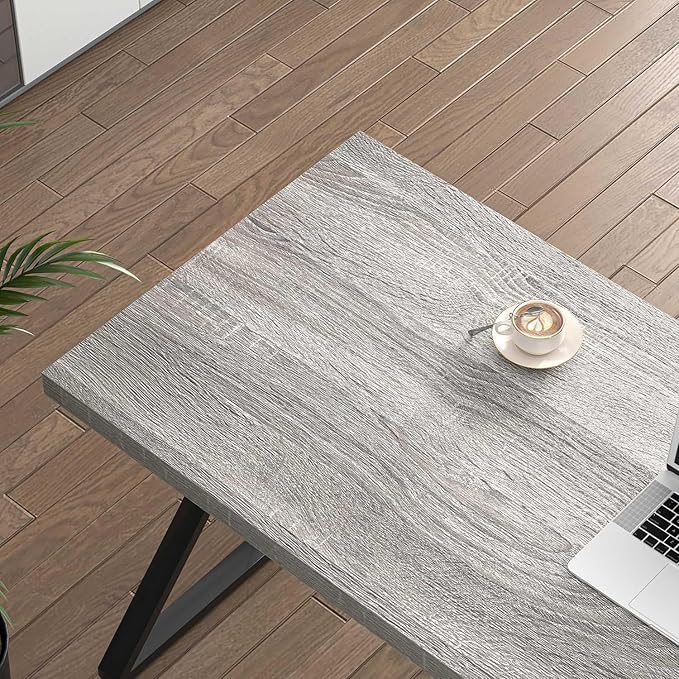 FOLUBAN Modern Desk, Rustic Wood and Metal Computer Desk for Home Office, Simple Study Writing Gaming Table for Bedroom Living Room, Light Grey, 53 Inch