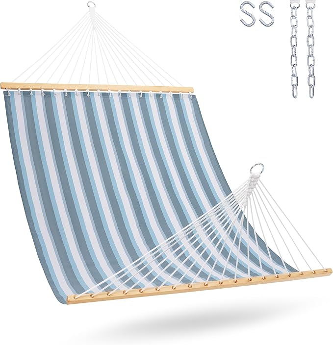 Lazy Daze Hammocks Quick Dry Hammock with Spreader Bar Textliene Fabric Double Outside Hammock with Chains Outdoor Patio Poolside Backyard Beach 450 lbs Capacity, Blue White Stripes