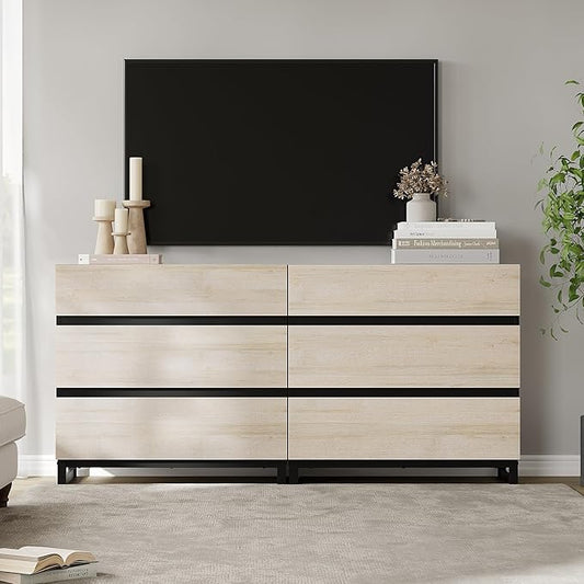 Wampat Modern TV Stand for 70 inch TVs, Entertainment Center Console Table with 6 Drawers, Metal Base, Living Room, Bedroom, Light Oak