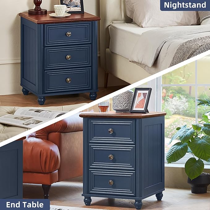 18" Farmhouse Night Stand, Blue Wood Nightstand with 3 Drawers, Bedside End Table with Storage and Roman Column, Bed Side Tables Cabinet for Bedroom, Living Room, and Closet