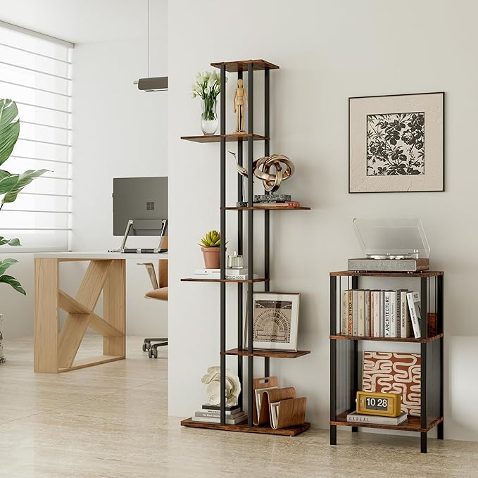 Bookshelf，Small Bookcase for Small Space，6-Tier Bookshelf for Living Room, Home Office, Study，9.45 x 20.8 x 62.2 Inches,Rustic Borwn
