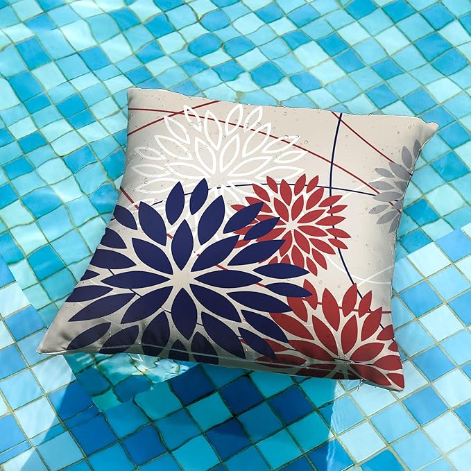 DFXSZ 4th of July Pillow Covers 18x18 Inch Set of 2 Patriotic Blue Red Floral Outdoor Waterproof Decorative Throw Pillows Polyester Cushion Case Decor for Patio Funiture Garden Couch 01H18