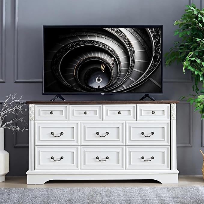 BLANKSPACE Farmhouse Dresser for Bedroom, 10 Chest of Drawers Antique White Cabinet Organizer with Carved Design for Living Room