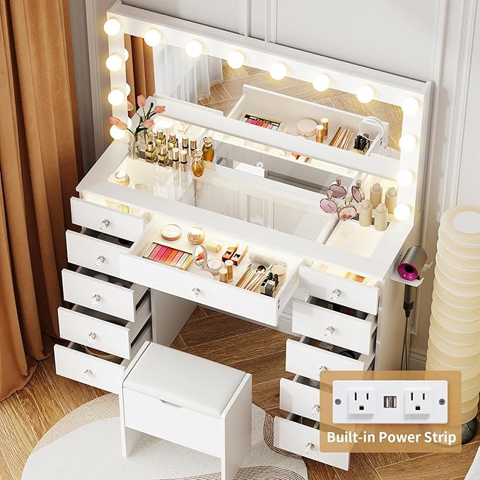 VOWNER Vanity with Lighted Mirror - Makeup Vanity Desk with Glass Top and 11 Drawers, 3 Color Lighting Modes Adjustable Brightness, 46" Vanity Table with Soft Cushioned Stool for Bedroom, White