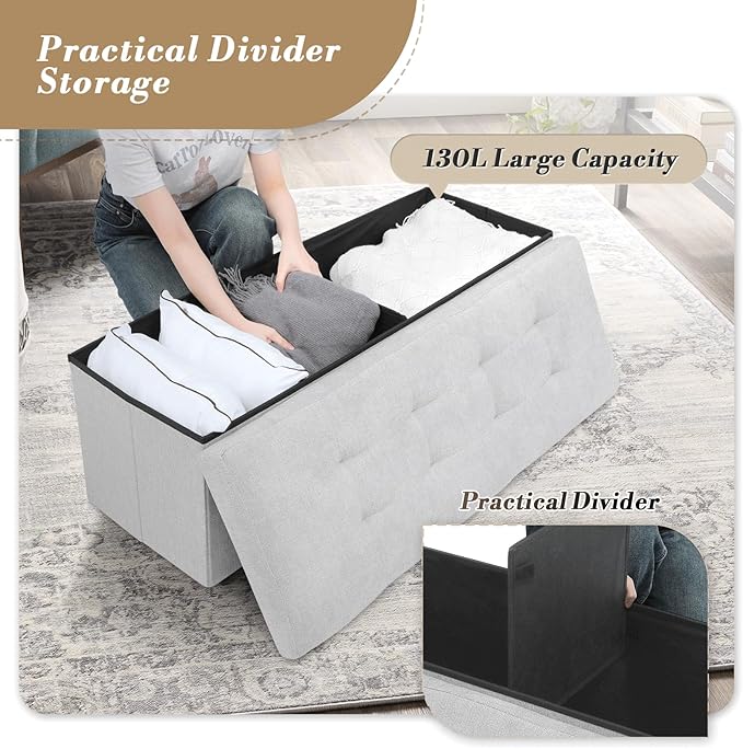 Athena Collection Ottoman Bench with Storage, 43 Inches Large End of Bed Storage Ottoman Bench, 130L Load 220 Lbs Linen Foot Rest for Bedroom, Living Room, Entyway, Light Gray